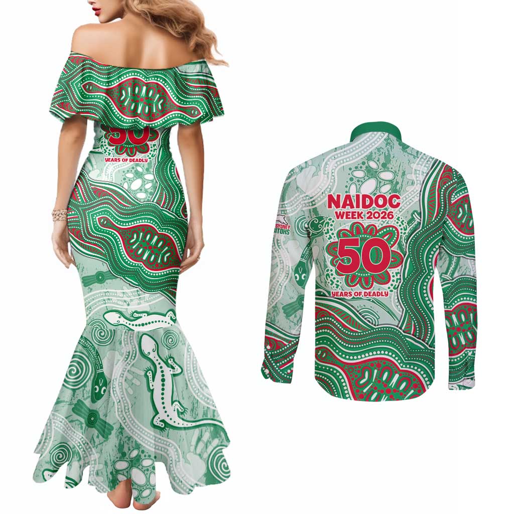 South Sydney Rabbitohs NAIDOC Week 2026 Couples Matching Mermaid Dress and Long Sleeve Button Shirt First Nations of Australia Aboriginal Mascot Rugby