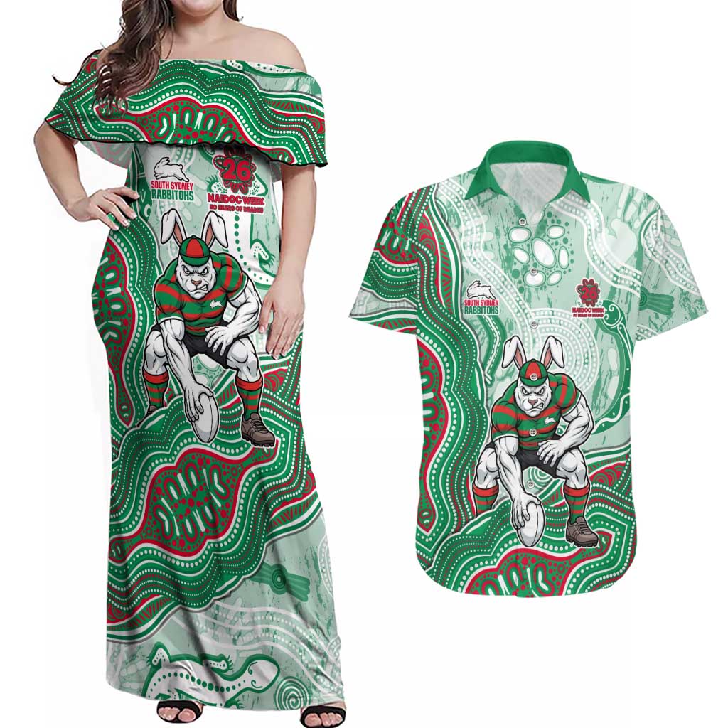 South Sydney Rabbitohs NAIDOC Week 2026 Couples Matching Off Shoulder Maxi Dress and Hawaiian Shirt First Nations of Australia Aboriginal Mascot Rugby