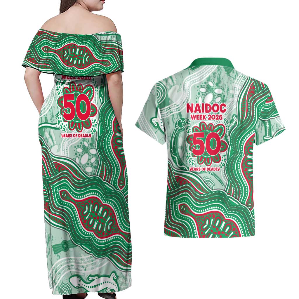 South Sydney Rabbitohs NAIDOC Week 2026 Couples Matching Off Shoulder Maxi Dress and Hawaiian Shirt First Nations of Australia Aboriginal Mascot Rugby