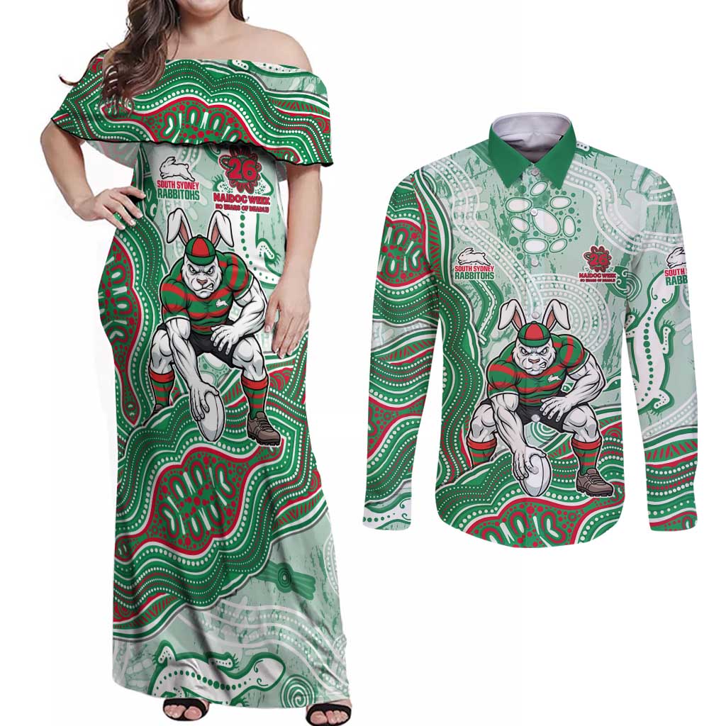 South Sydney Rabbitohs NAIDOC Week 2026 Couples Matching Off Shoulder Maxi Dress and Long Sleeve Button Shirt First Nations of Australia Aboriginal Mascot Rugby
