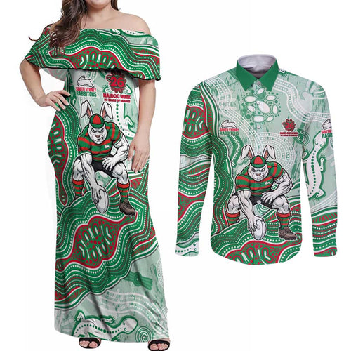 South Sydney Rabbitohs NAIDOC Week 2026 Couples Matching Off Shoulder Maxi Dress and Long Sleeve Button Shirt First Nations of Australia Aboriginal Mascot Rugby