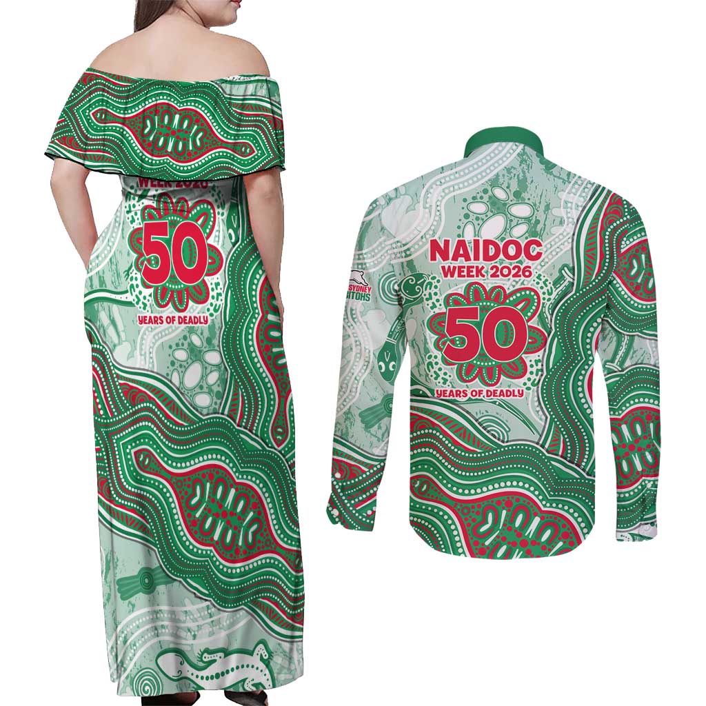 South Sydney Rabbitohs NAIDOC Week 2026 Couples Matching Off Shoulder Maxi Dress and Long Sleeve Button Shirt First Nations of Australia Aboriginal Mascot Rugby