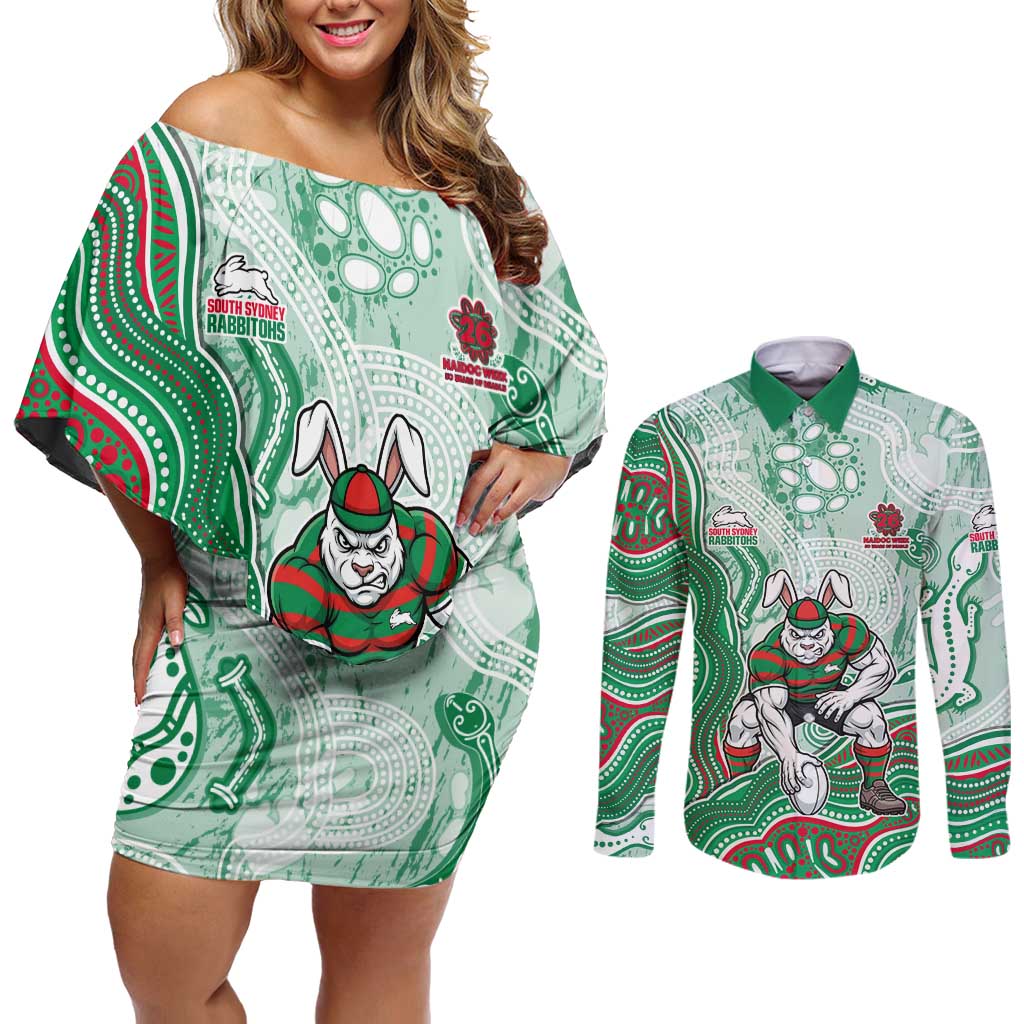 South Sydney Rabbitohs NAIDOC Week 2026 Couples Matching Off Shoulder Short Dress and Long Sleeve Button Shirt First Nations of Australia Aboriginal Mascot Rugby