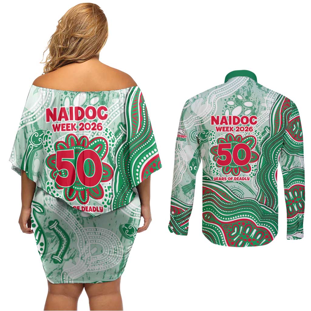 South Sydney Rabbitohs NAIDOC Week 2026 Couples Matching Off Shoulder Short Dress and Long Sleeve Button Shirt First Nations of Australia Aboriginal Mascot Rugby