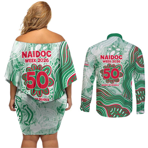 South Sydney Rabbitohs NAIDOC Week 2026 Couples Matching Off Shoulder Short Dress and Long Sleeve Button Shirt First Nations of Australia Aboriginal Mascot Rugby
