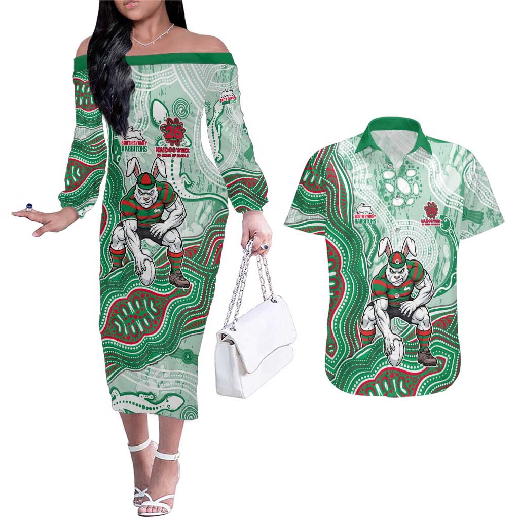 South Sydney Rabbitohs NAIDOC Week 2026 Couples Matching Off The Shoulder Long Sleeve Dress and Hawaiian Shirt First Nations of Australia Aboriginal Mascot Rugby