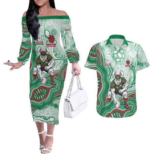 South Sydney Rabbitohs NAIDOC Week 2026 Couples Matching Off The Shoulder Long Sleeve Dress and Hawaiian Shirt First Nations of Australia Aboriginal Mascot Rugby