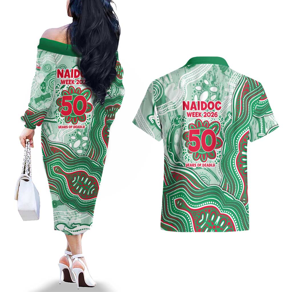 South Sydney Rabbitohs NAIDOC Week 2026 Couples Matching Off The Shoulder Long Sleeve Dress and Hawaiian Shirt First Nations of Australia Aboriginal Mascot Rugby