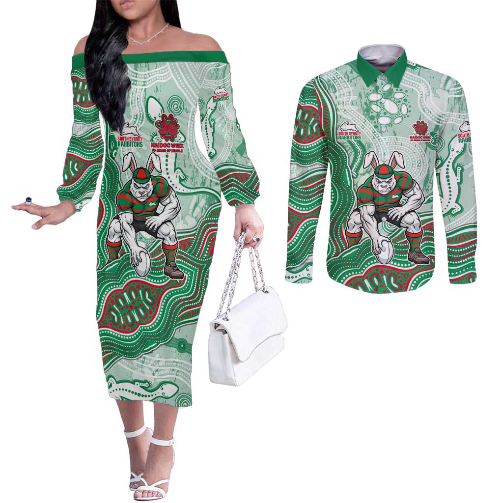 South Sydney Rabbitohs NAIDOC Week 2026 Couples Matching Off The Shoulder Long Sleeve Dress and Long Sleeve Button Shirt First Nations of Australia Aboriginal Mascot Rugby