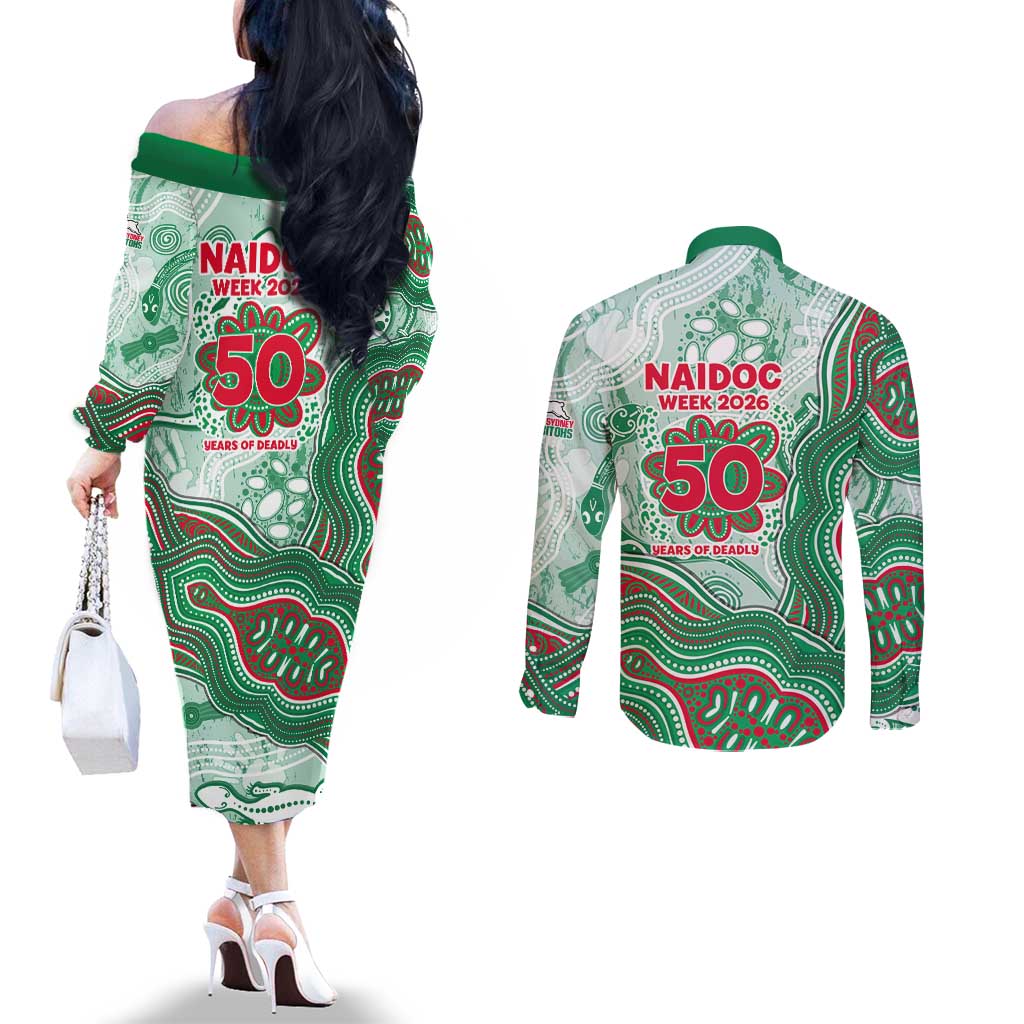 South Sydney Rabbitohs NAIDOC Week 2026 Couples Matching Off The Shoulder Long Sleeve Dress and Long Sleeve Button Shirt First Nations of Australia Aboriginal Mascot Rugby