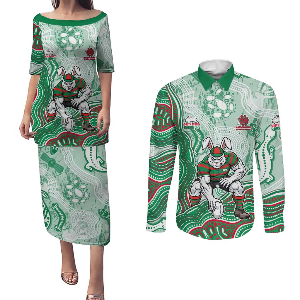 South Sydney Rabbitohs NAIDOC Week 2026 Couples Matching Puletasi and Long Sleeve Button Shirt First Nations of Australia Aboriginal Mascot Rugby