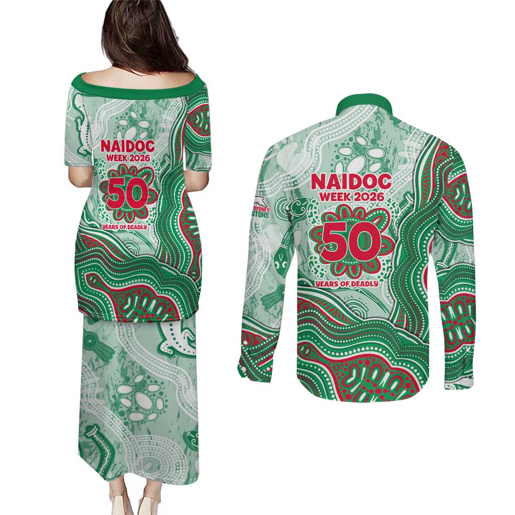South Sydney Rabbitohs NAIDOC Week 2026 Couples Matching Puletasi and Long Sleeve Button Shirt First Nations of Australia Aboriginal Mascot Rugby