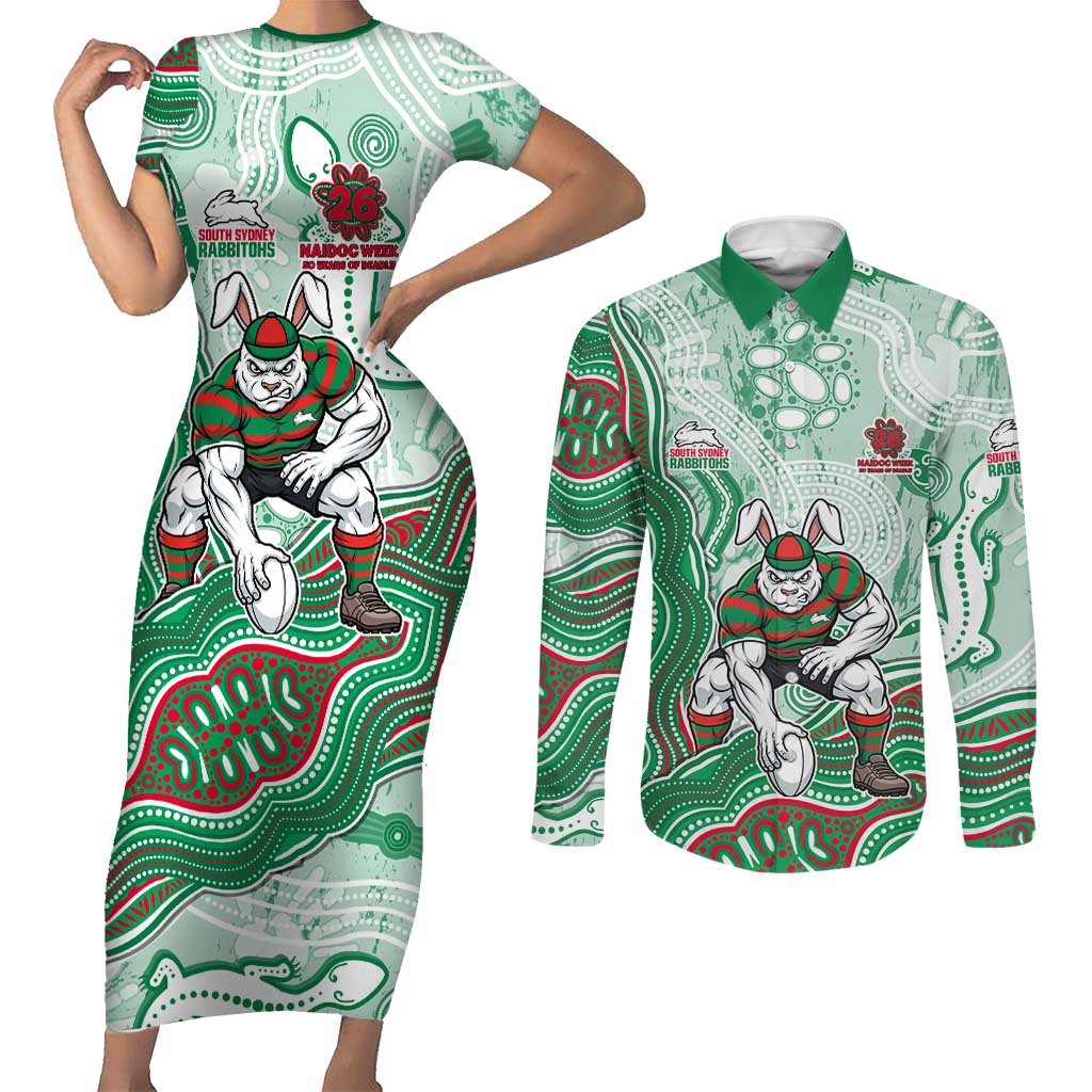 South Sydney Rabbitohs NAIDOC Week 2026 Couples Matching Short Sleeve Bodycon Dress and Long Sleeve Button Shirt First Nations of Australia Aboriginal Mascot Rugby