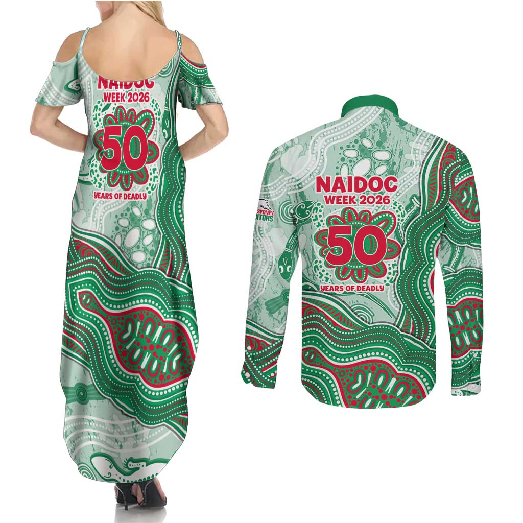 South Sydney Rabbitohs NAIDOC Week 2026 Couples Matching Summer Maxi Dress and Long Sleeve Button Shirt First Nations of Australia Aboriginal Mascot Rugby