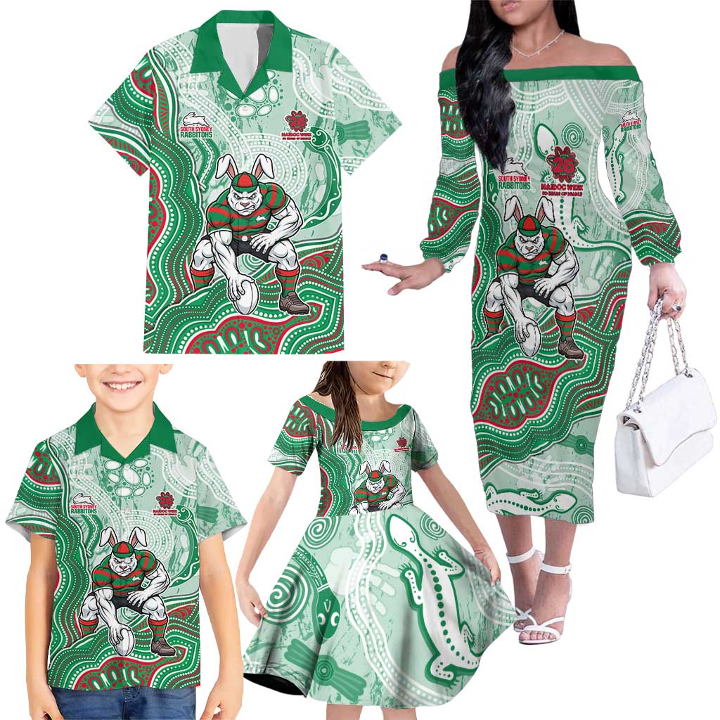 South Sydney Rabbitohs NAIDOC Week 2026 Family Matching Off The Shoulder Long Sleeve Dress and Hawaiian Shirt First Nations of Australia Aboriginal Mascot Rugby