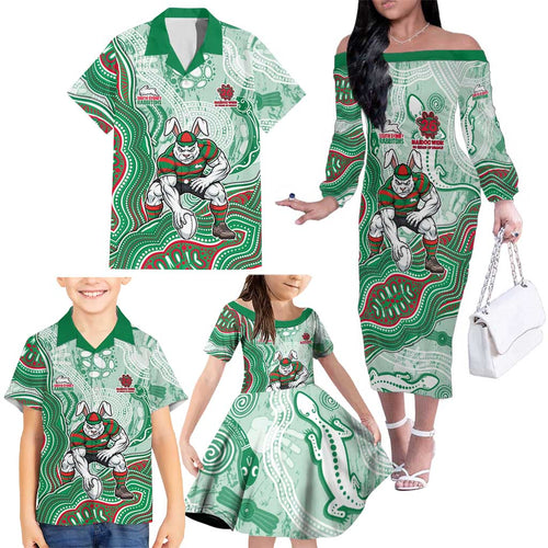 South Sydney Rabbitohs NAIDOC Week 2026 Family Matching Off The Shoulder Long Sleeve Dress and Hawaiian Shirt First Nations of Australia Aboriginal Mascot Rugby