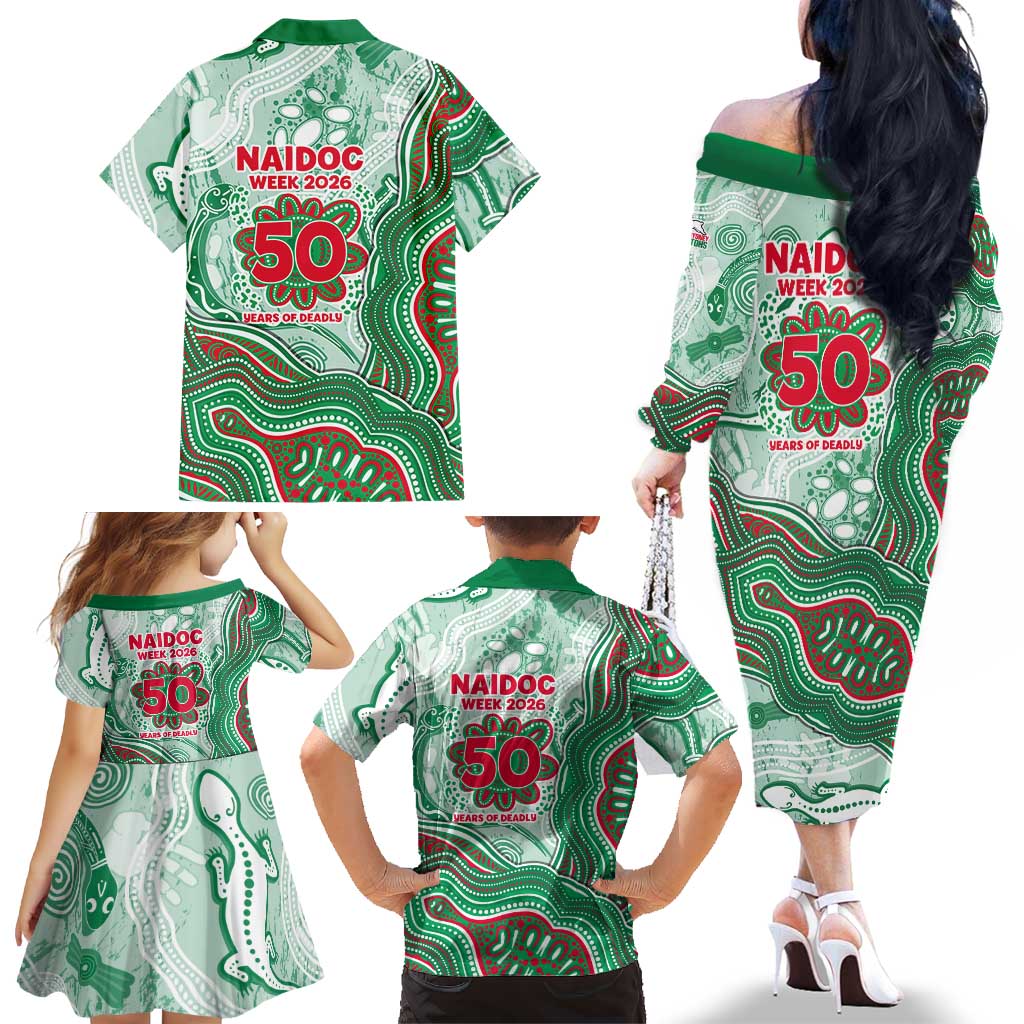 South Sydney Rabbitohs NAIDOC Week 2026 Family Matching Off The Shoulder Long Sleeve Dress and Hawaiian Shirt First Nations of Australia Aboriginal Mascot Rugby