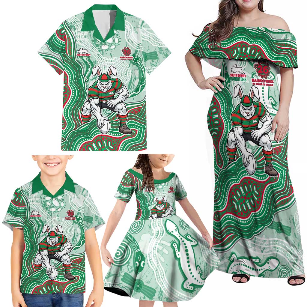 South Sydney Rabbitohs NAIDOC Week 2026 Family Matching Off Shoulder Maxi Dress and Hawaiian Shirt First Nations of Australia Aboriginal Mascot Rugby