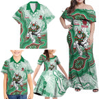 South Sydney Rabbitohs NAIDOC Week 2026 Family Matching Off Shoulder Maxi Dress and Hawaiian Shirt First Nations of Australia Aboriginal Mascot Rugby