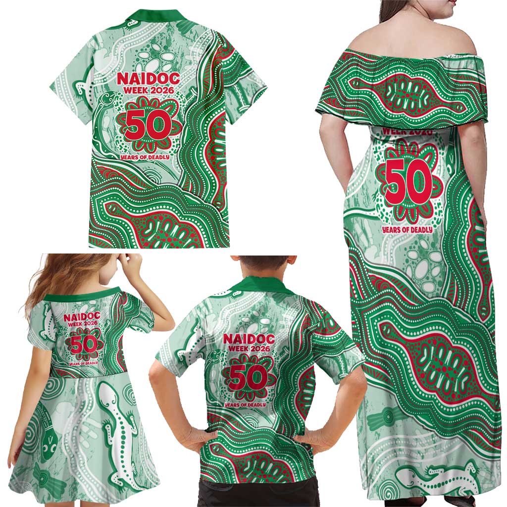 South Sydney Rabbitohs NAIDOC Week 2026 Family Matching Off Shoulder Maxi Dress and Hawaiian Shirt First Nations of Australia Aboriginal Mascot Rugby