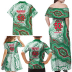 South Sydney Rabbitohs NAIDOC Week 2026 Family Matching Off Shoulder Maxi Dress and Hawaiian Shirt First Nations of Australia Aboriginal Mascot Rugby