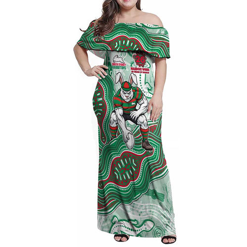 South Sydney Rabbitohs NAIDOC Week 2026 Family Matching Off Shoulder Maxi Dress and Hawaiian Shirt First Nations of Australia Aboriginal Mascot Rugby