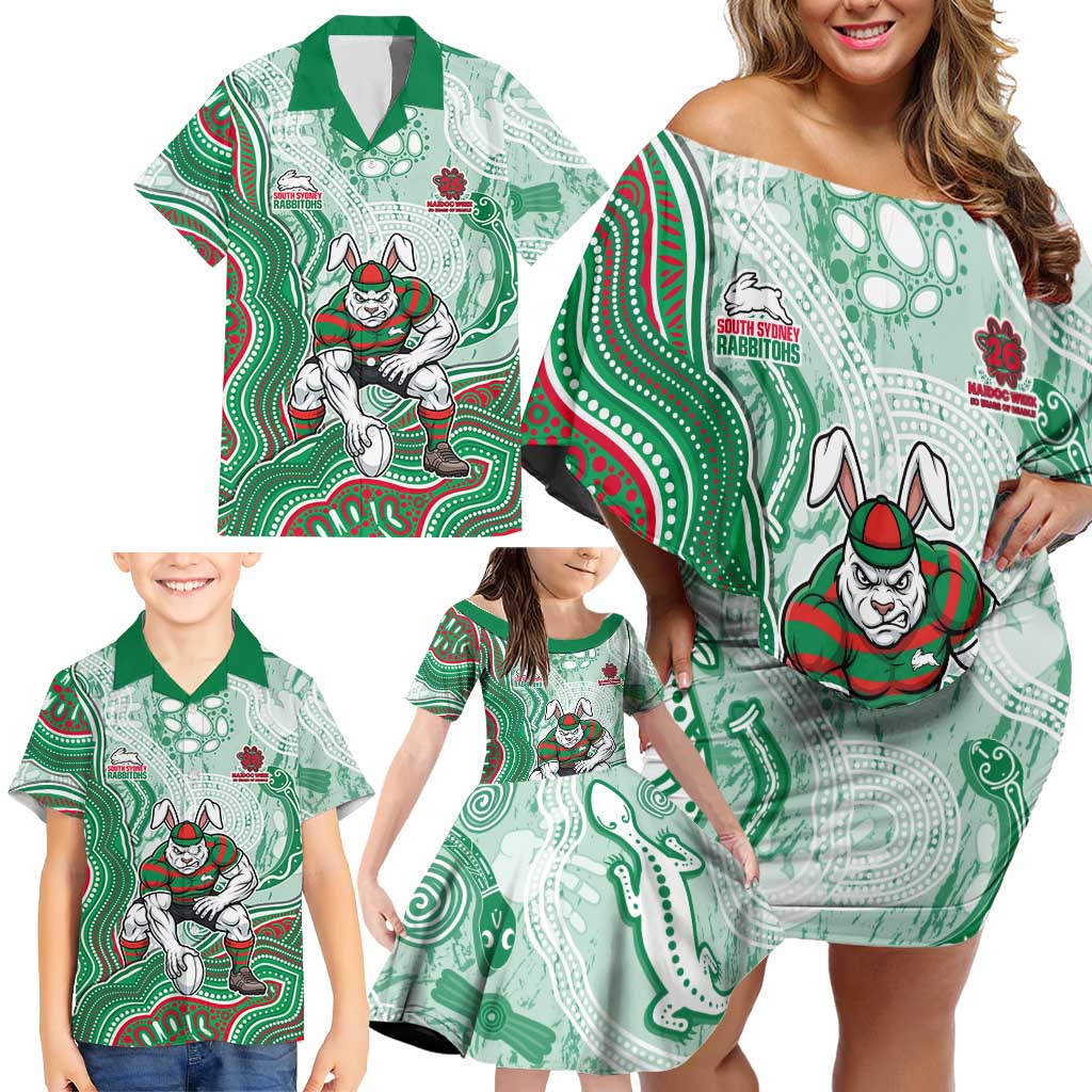 South Sydney Rabbitohs NAIDOC Week 2026 Family Matching Off Shoulder Short Dress and Hawaiian Shirt First Nations of Australia Aboriginal Mascot Rugby