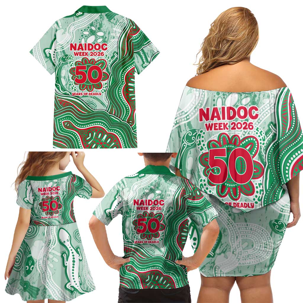 South Sydney Rabbitohs NAIDOC Week 2026 Family Matching Off Shoulder Short Dress and Hawaiian Shirt First Nations of Australia Aboriginal Mascot Rugby