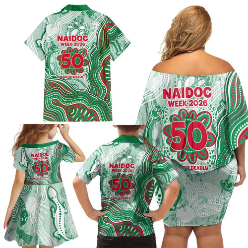 South Sydney Rabbitohs NAIDOC Week 2026 Family Matching Off Shoulder Short Dress and Hawaiian Shirt First Nations of Australia Aboriginal Mascot Rugby