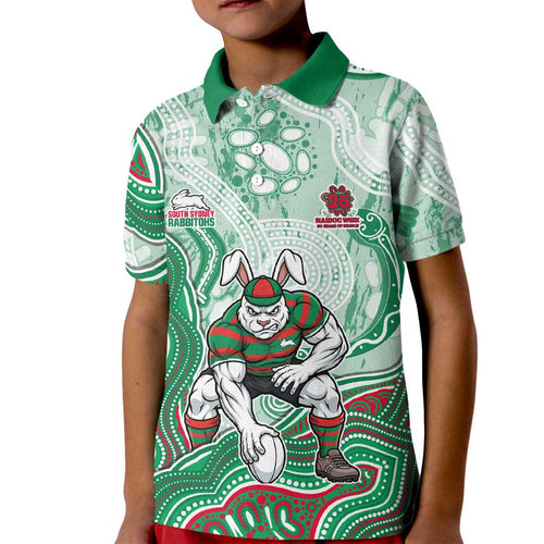 South Sydney Rabbitohs NAIDOC Week 2026 Kid Polo Shirt First Nations of Australia Aboriginal Mascot Rugby