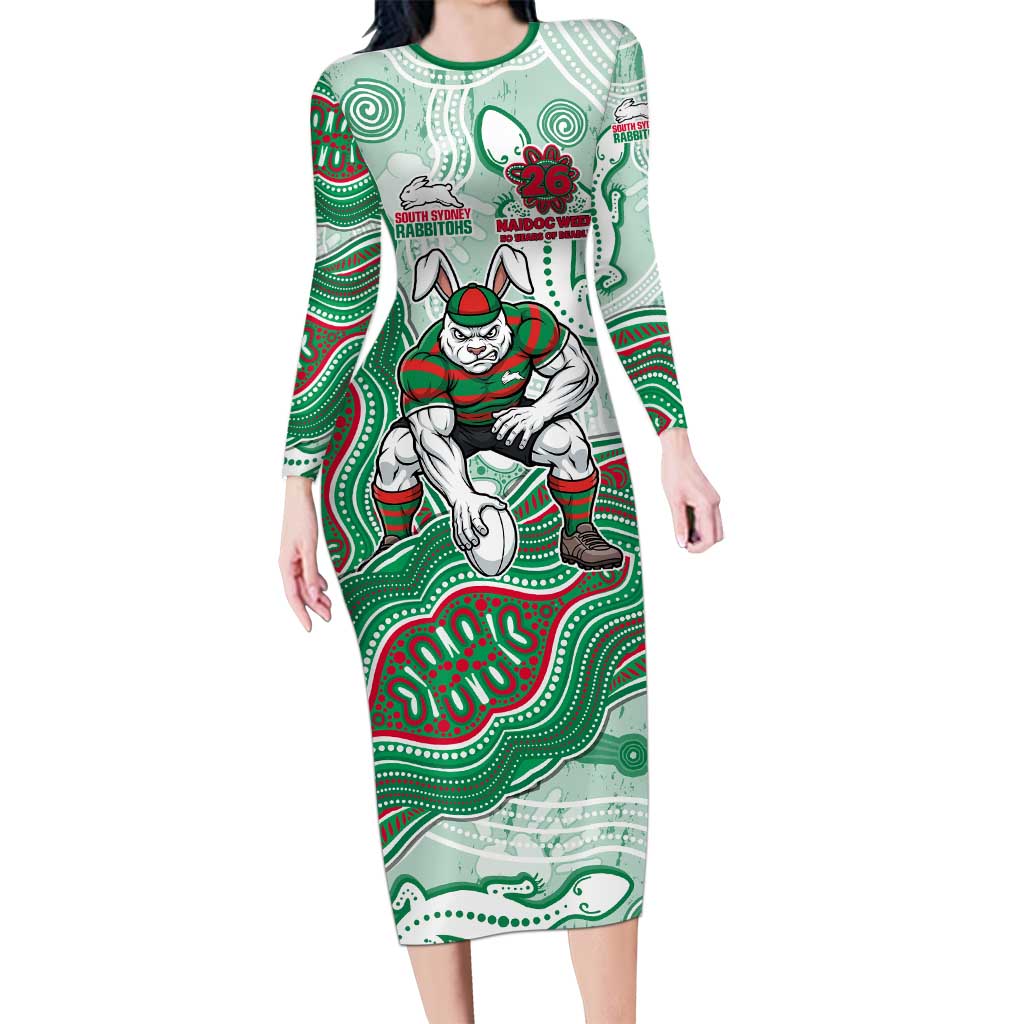 South Sydney Rabbitohs NAIDOC Week 2026 Long Sleeve Bodycon Dress First Nations of Australia Aboriginal Mascot Rugby