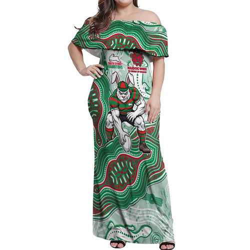 South Sydney Rabbitohs NAIDOC Week 2026 Off Shoulder Maxi Dress First Nations of Australia Aboriginal Mascot Rugby