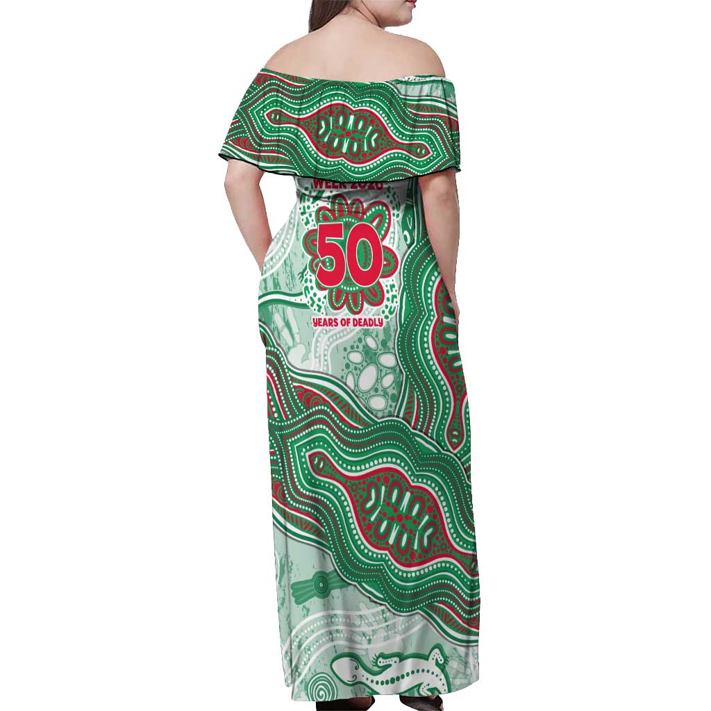 South Sydney Rabbitohs NAIDOC Week 2026 Off Shoulder Maxi Dress First Nations of Australia Aboriginal Mascot Rugby
