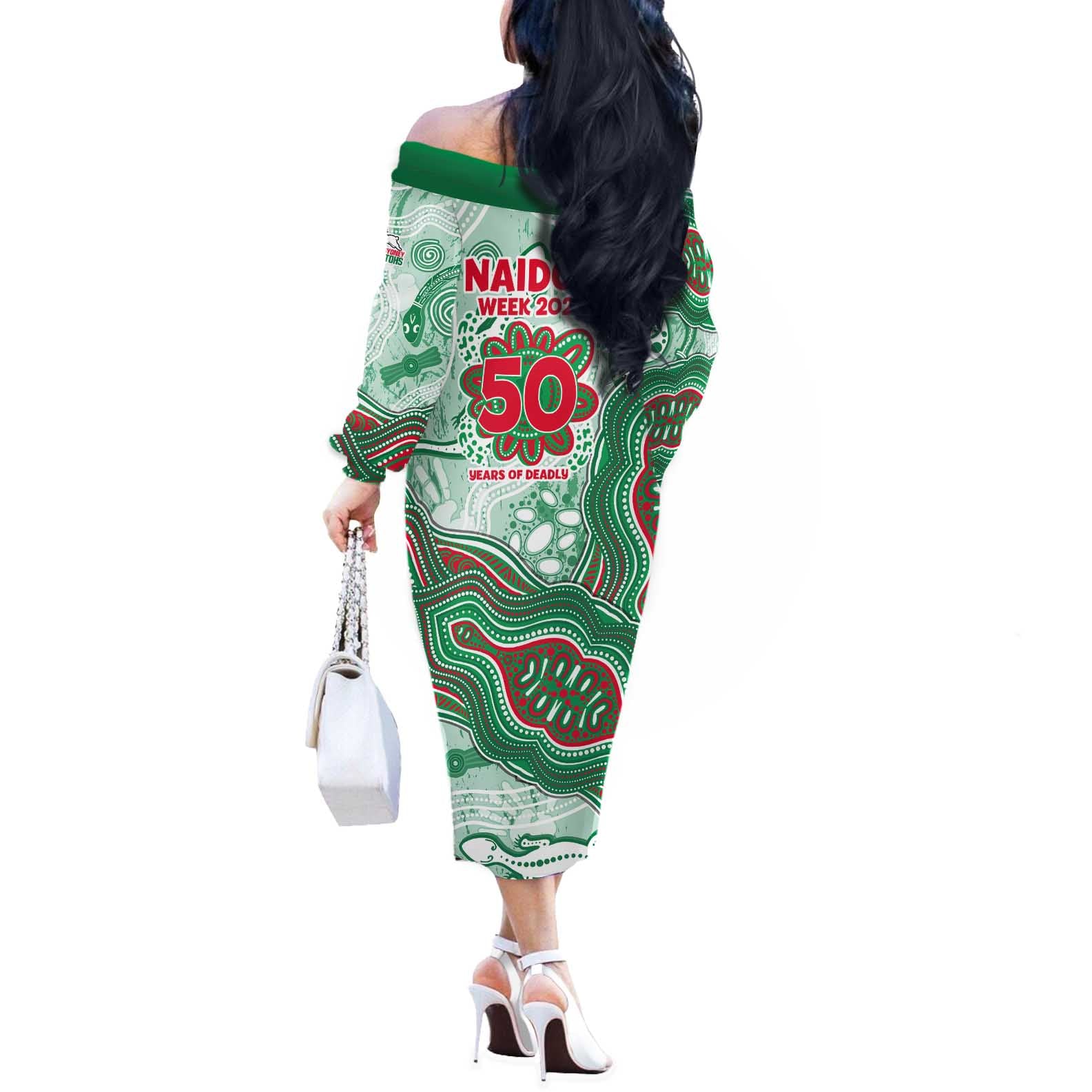 South Sydney Rabbitohs NAIDOC Week 2026 Off The Shoulder Long Sleeve Dress First Nations of Australia Aboriginal Mascot Rugby