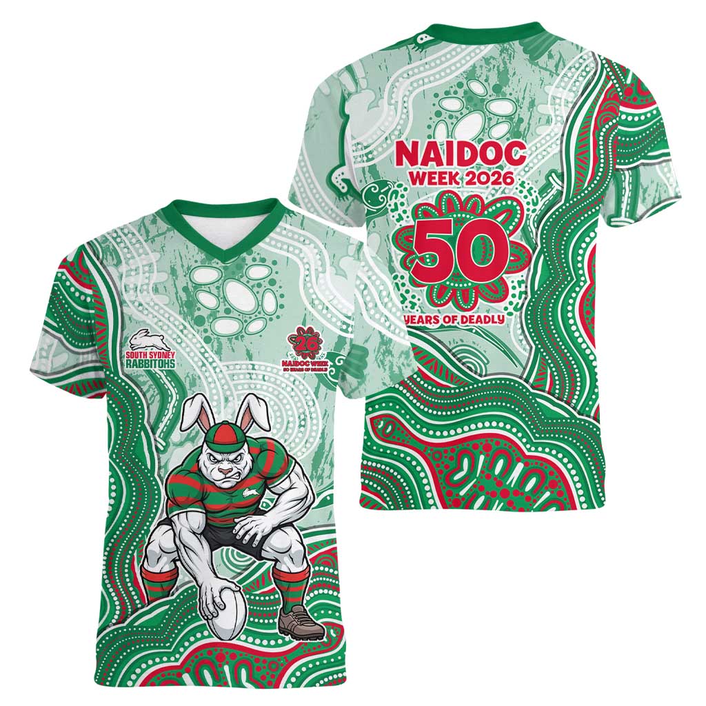 South Sydney Rabbitohs NAIDOC Week 2026 Women V-Neck T-Shirt First Nations of Australia Aboriginal Mascot Rugby