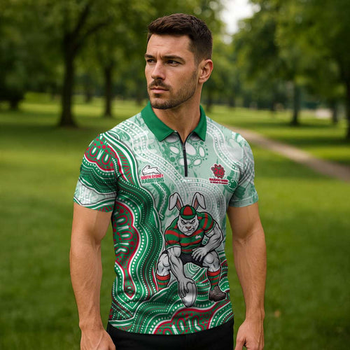 South Sydney Rabbitohs NAIDOC Week 2026 Zipper Polo Shirt First Nations of Australia Aboriginal Mascot Rugby