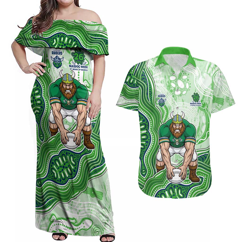 Canberra Raiders NAIDOC Week 2026 Couples Matching Off Shoulder Maxi Dress and Hawaiian Shirt First Nations of Australia Aboriginal Mascot Rugby