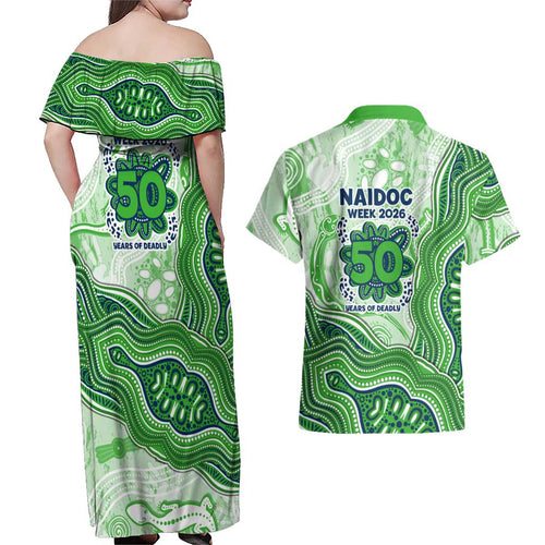 Canberra Raiders NAIDOC Week 2026 Couples Matching Off Shoulder Maxi Dress and Hawaiian Shirt First Nations of Australia Aboriginal Mascot Rugby