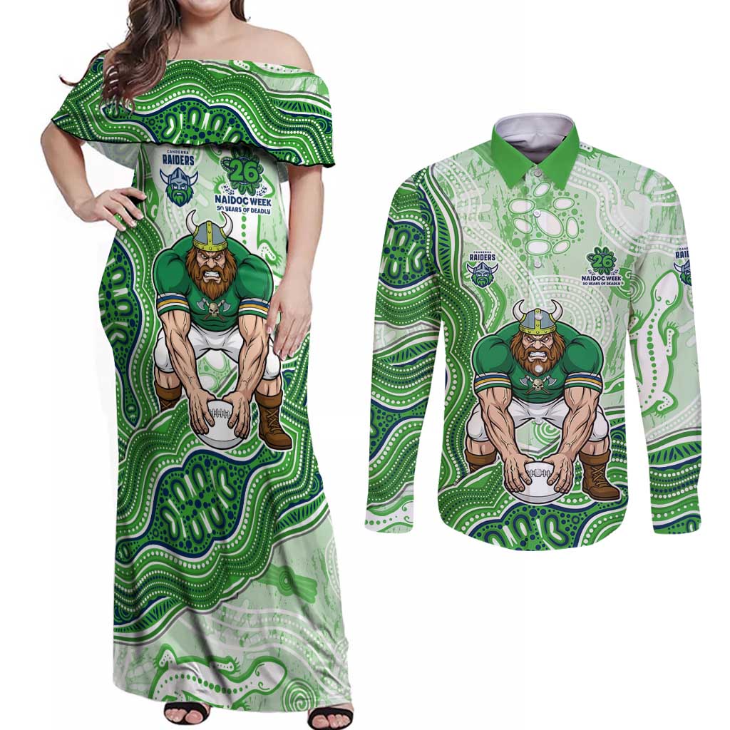 Canberra Raiders NAIDOC Week 2026 Couples Matching Off Shoulder Maxi Dress and Long Sleeve Button Shirt First Nations of Australia Aboriginal Mascot Rugby