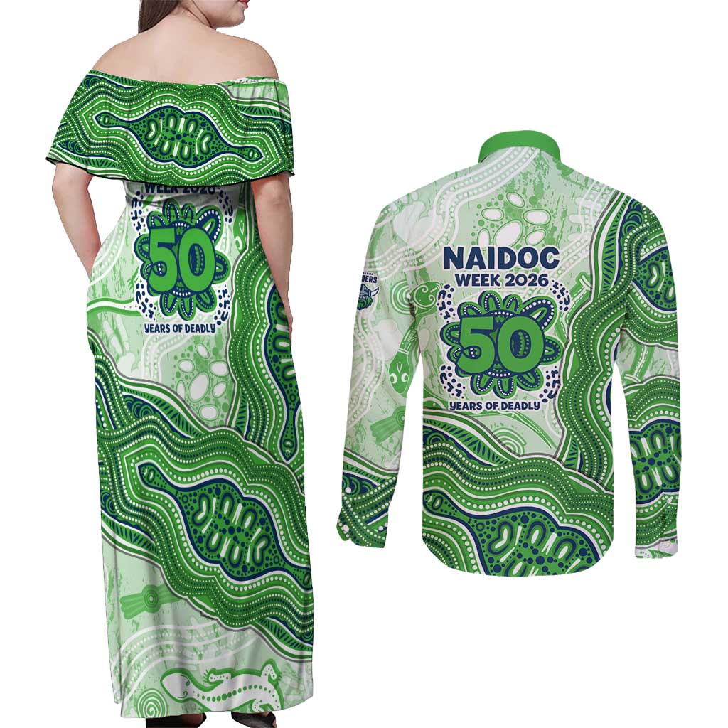 Canberra Raiders NAIDOC Week 2026 Couples Matching Off Shoulder Maxi Dress and Long Sleeve Button Shirt First Nations of Australia Aboriginal Mascot Rugby