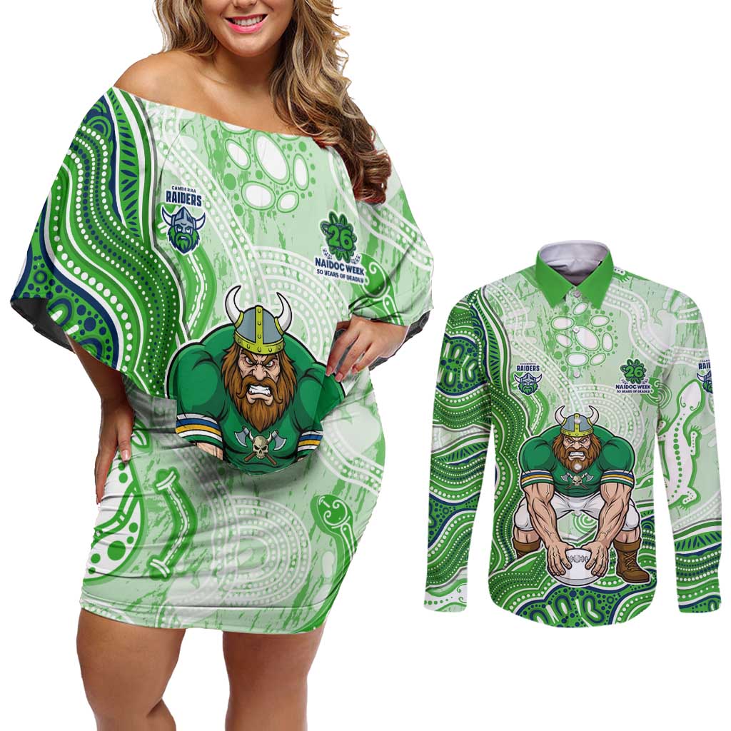 Canberra Raiders NAIDOC Week 2026 Couples Matching Off Shoulder Short Dress and Long Sleeve Button Shirt First Nations of Australia Aboriginal Mascot Rugby