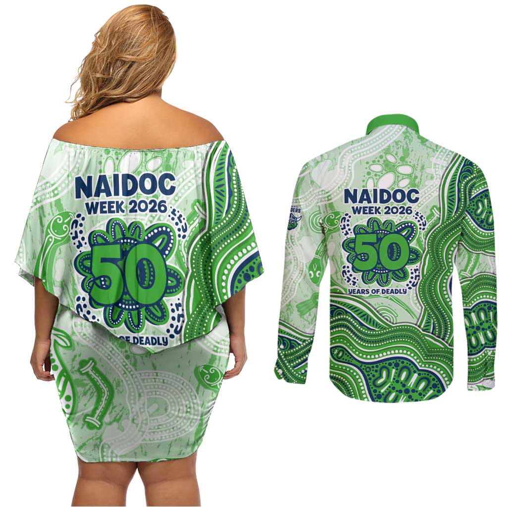 Canberra Raiders NAIDOC Week 2026 Couples Matching Off Shoulder Short Dress and Long Sleeve Button Shirt First Nations of Australia Aboriginal Mascot Rugby