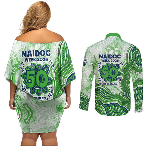Canberra Raiders NAIDOC Week 2026 Couples Matching Off Shoulder Short Dress and Long Sleeve Button Shirt First Nations of Australia Aboriginal Mascot Rugby