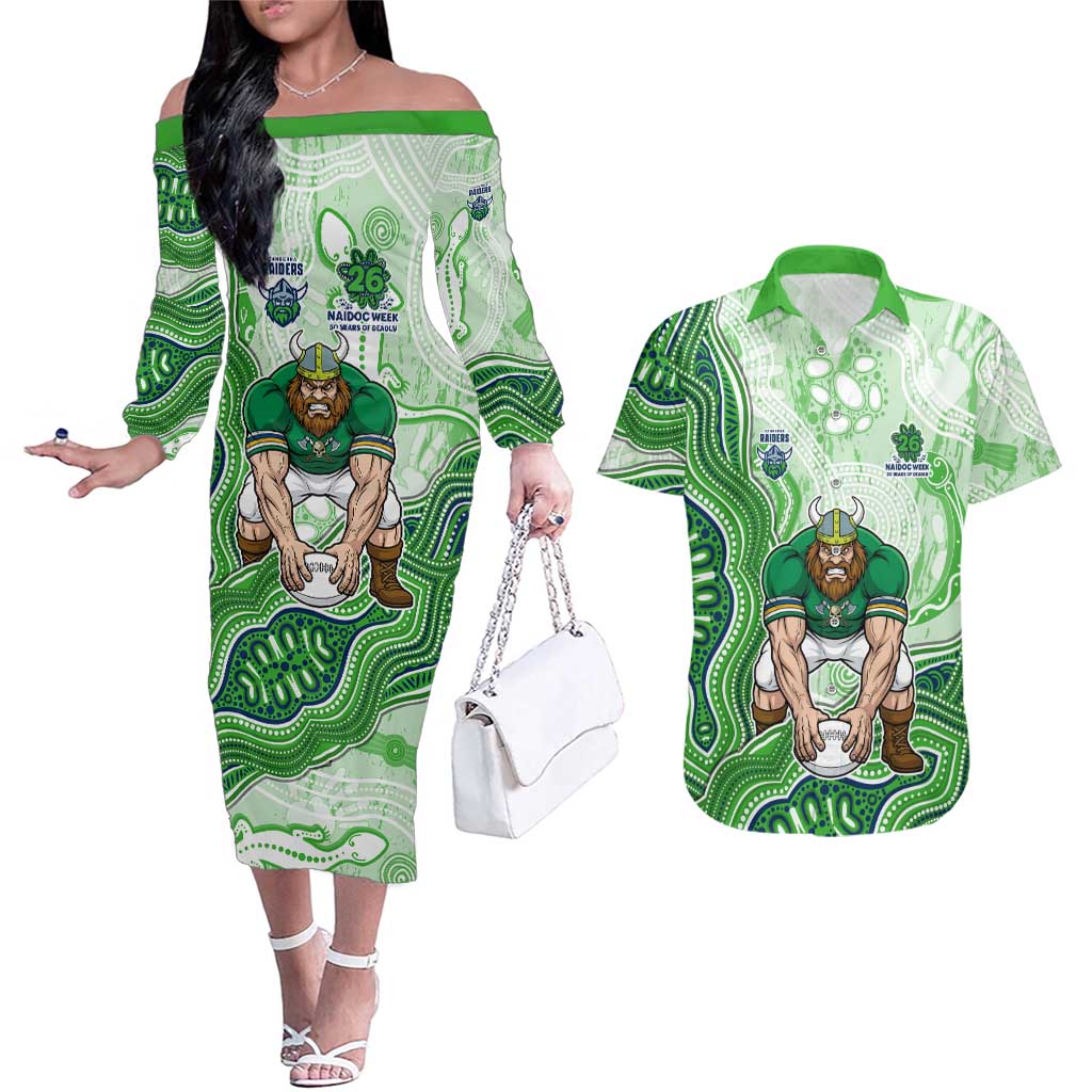 Canberra Raiders NAIDOC Week 2026 Couples Matching Off The Shoulder Long Sleeve Dress and Hawaiian Shirt First Nations of Australia Aboriginal Mascot Rugby