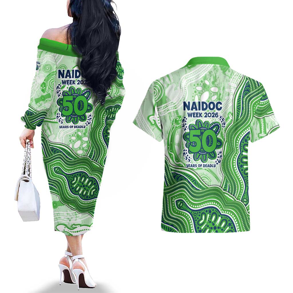 Canberra Raiders NAIDOC Week 2026 Couples Matching Off The Shoulder Long Sleeve Dress and Hawaiian Shirt First Nations of Australia Aboriginal Mascot Rugby
