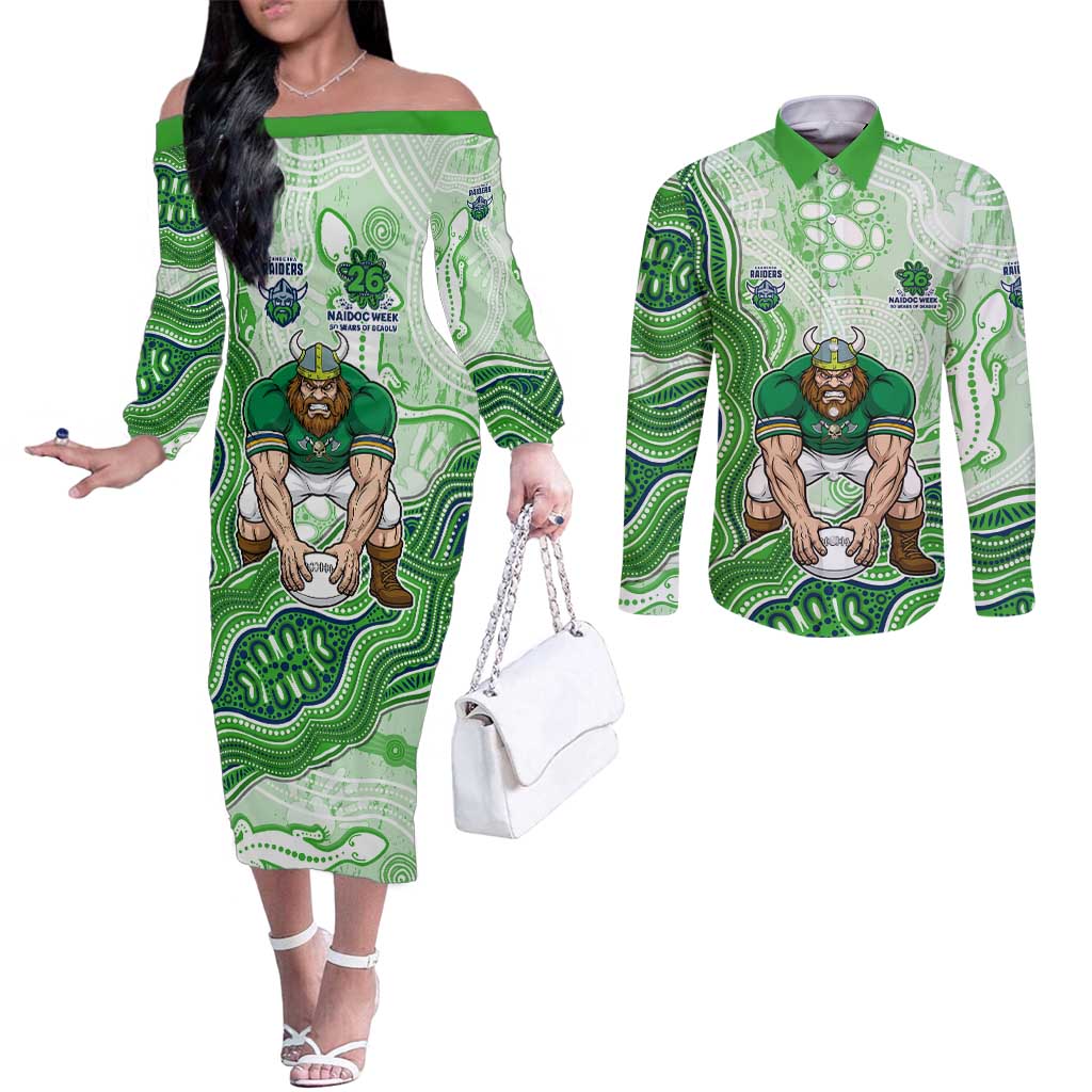 Canberra Raiders NAIDOC Week 2026 Couples Matching Off The Shoulder Long Sleeve Dress and Long Sleeve Button Shirt First Nations of Australia Aboriginal Mascot Rugby