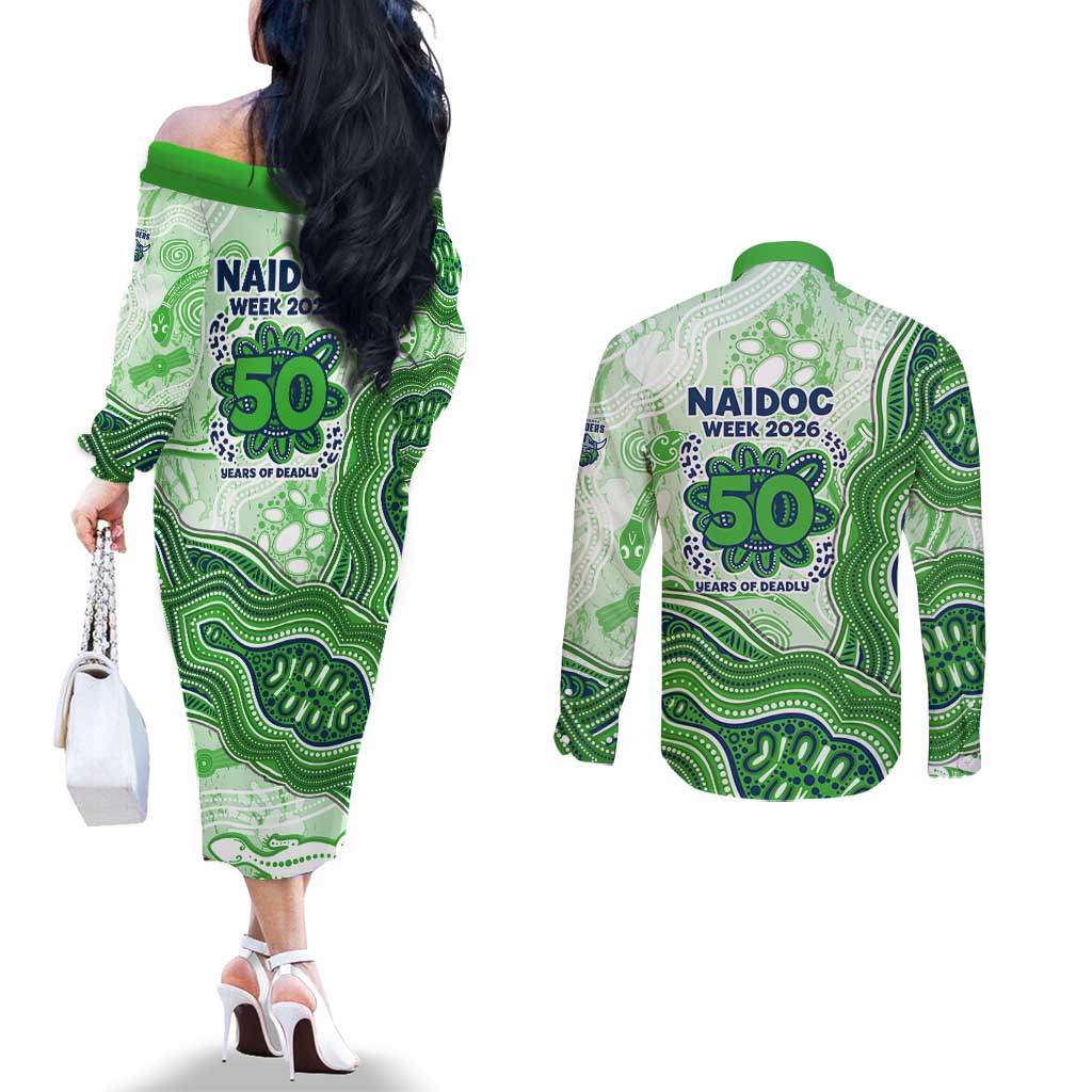 Canberra Raiders NAIDOC Week 2026 Couples Matching Off The Shoulder Long Sleeve Dress and Long Sleeve Button Shirt First Nations of Australia Aboriginal Mascot Rugby