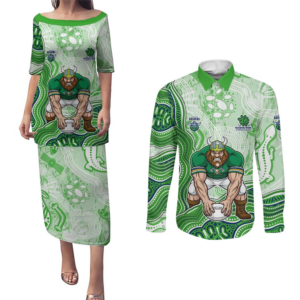 Canberra Raiders NAIDOC Week 2026 Couples Matching Puletasi and Long Sleeve Button Shirt First Nations of Australia Aboriginal Mascot Rugby