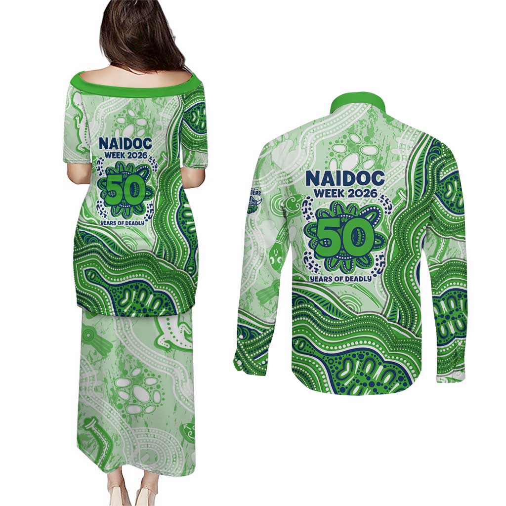 Canberra Raiders NAIDOC Week 2026 Couples Matching Puletasi and Long Sleeve Button Shirt First Nations of Australia Aboriginal Mascot Rugby