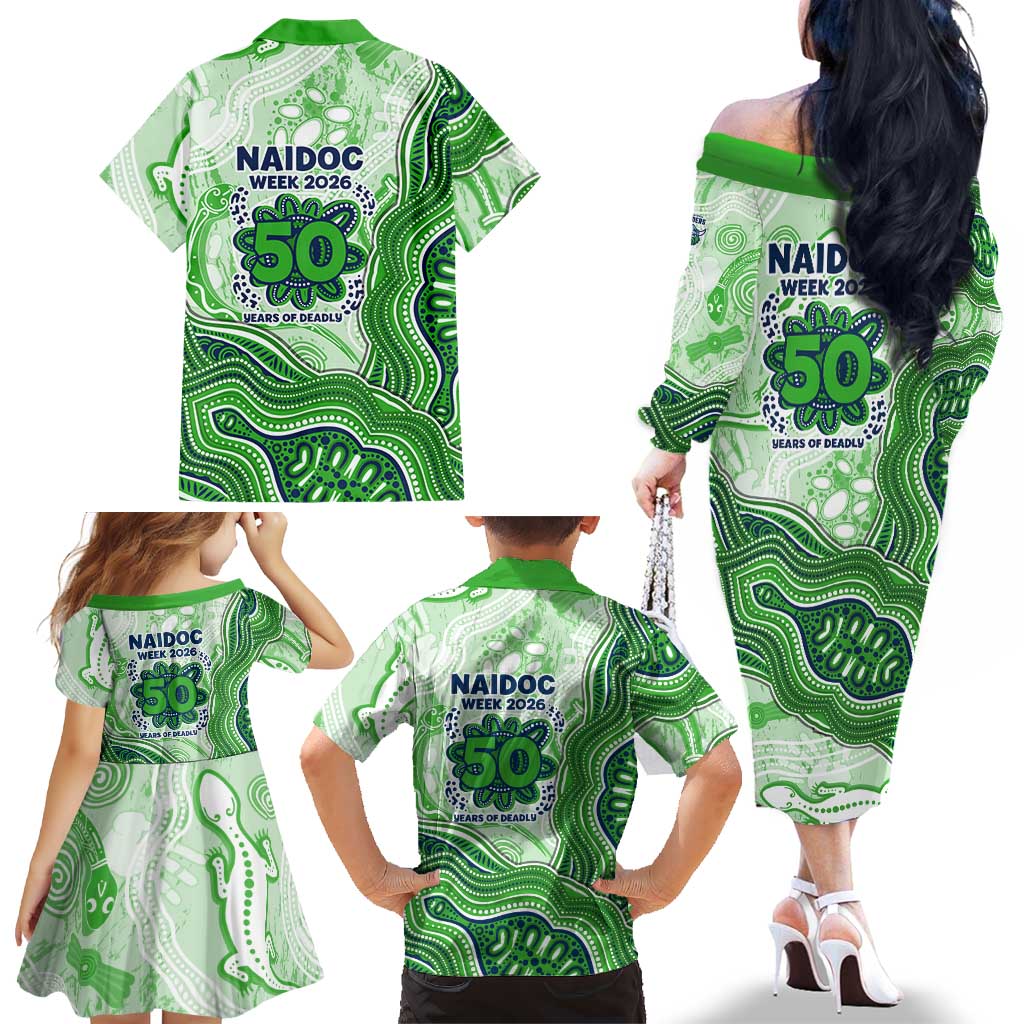 Canberra Raiders NAIDOC Week 2026 Family Matching Off The Shoulder Long Sleeve Dress and Hawaiian Shirt First Nations of Australia Aboriginal Mascot Rugby
